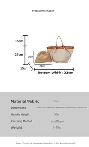 Detailed dimension chart showing large polyester tote bag with internal drawstring pouch