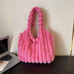 Large Capacity Faux Fur Tote Bag For Women Soft Plush Shoulder Bag Vertical Stripes Bubble Handle Fashion Handbag Travel