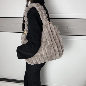 Vertical striped faux fur tote bag with bubble shoulder strap in stylish grey brown