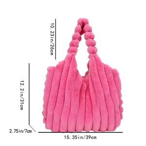 Pink plush tote bag with vertical stripes and bubble handle, showing 39cm x 31cm dimensions