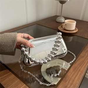 Sac de Soirée en Acrylique pour Femmes Effet Miroir Or Argent Chrome Box Clutch Sac Bandoulière Avec Poignée en Perles et Chaîne