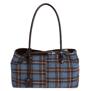 Vintage plaid wool tote bag with dark brown leather handles and large capacity