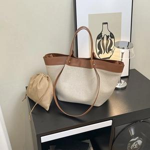 Women Canvas Tote Bag With Leather Trim Large Capacity Shoulder Handbag And Inner Pouch For Casual Travel Work