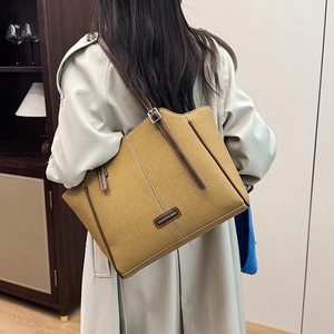 Vintage Khaki Leinwand Tragetasche mit braunem Lederbesatz und großem Fassungsvermögen