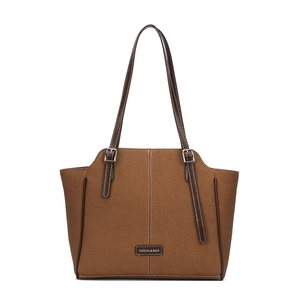 Vintage-Tragetasche aus braunem Canvas mit Ledergriffen und Kontrastnähten für Damen