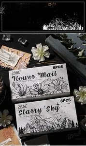 Detailed view of 8pcs vintage wood rubber stamps featuring floral and starry sky designs