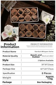 Macro shot of circular beech wood rubber stamps with vintage floral stardust patterns