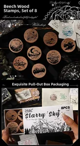 Retro beech wood starry sky rubber stamps set in 8 pieces with drawer box