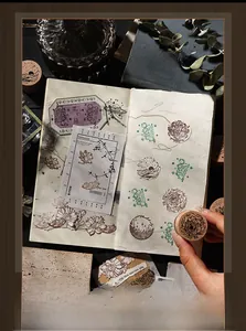 Detail shot of vintage floral wooden stamps with intricate botanical patterns for journaling