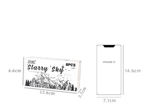 Detailed dimensions of the vintage wooden stamp set box compared to an iPhone 12 model