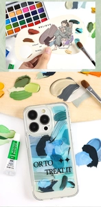 Coque de téléphone style peinture à l'huile avec touches bleues et texte artistique
