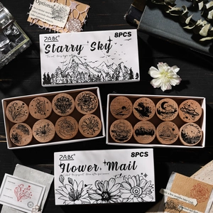 8pcs vintage wooden stamp set featuring starry sky and floral patterns for journals