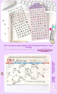 Macro detail of sparkling PET stickers with cute icons used on a 2025 calendar