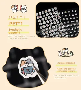 Detail of cartoon cat PET stickers showing shiny sand texture and tweezers peeling a decal