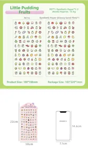 Detail view showing cartoon fruit PET stickers size comparison with a smartphone