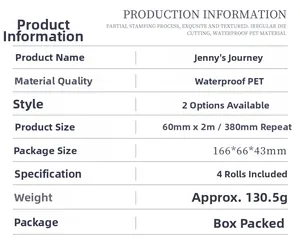 Specifications for Jenny's Journey waterproof PET decorative tape set with gold stamping