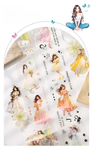 Detail of vintage anime girl washi tape for journaling with floral illustrations
