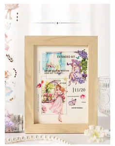 Close-up of anime character PET tape with floral motifs in a decorative wood frame