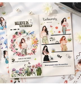 Detailed view of semi-transparent vintage scrapbooking tape with fashion illustrations