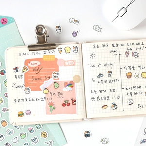 Set of cute cat and food PET stickers for scrapbooking with Korean aesthetic illustrations