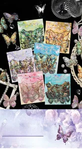 Detail of vintage butterfly stickers with laser gold foil stamping and 3D textured effects