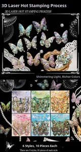 Detail of 60pcs 3D laser gold-stamped butterfly stickers with holographic effect