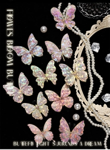 Macro view of holographic butterfly stickers with geometric textures on dark background
