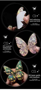 Close-up of 3D laser gold butterfly stickers with PET waterproof material and metallic finish