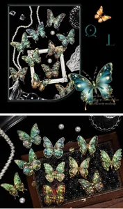 Macro detail of vintage 3D bronzing butterfly stickers with holographic aurora effect