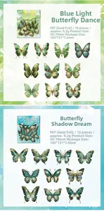 Detailed specs for PET butterfly stickers with gold foil, showing size and weight info