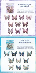 Detail of vintage butterfly PET stickers with gold foil accents for journaling DIY