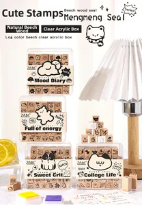 Close-up of 36pcs wooden stamp set with cute cartoon patterns in acrylic storage boxes