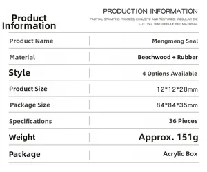 Detailed specifications table for 36-piece beech wood and rubber stamp set in acrylic box