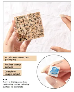 Macro shot of rubber stamp surface detail and wooden base in acrylic gift box