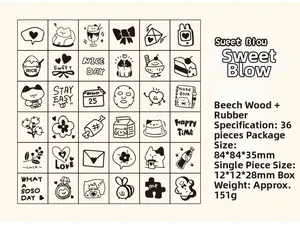 Detailed grid of 36 wooden stamps featuring cute cartoon icons and sweet blow phrases