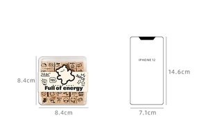36-piece set of mini wooden stamps in a clear storage box compared to an iPhone 12
