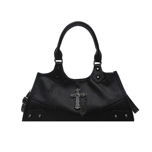 Retro black leather underarm bag with silver gothic cross and metallic stud details