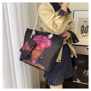 Borsa tote con stampa donna africana, portamonete coordinato e manici in corda spessa