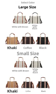 Multi-size canvas tote bags in white, black, and khaki with adjustable shoulder straps