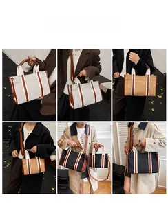 Collage of canvas tote bags in cream and khaki colors showing various carrying styles