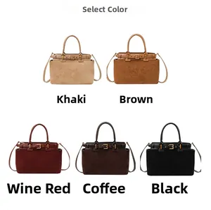 Selection of retro suede tote bags in khaki, brown, wine red, coffee, and black