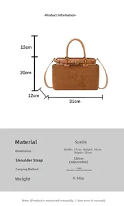Detailed size specifications for a retro brown suede tote bag with dimensions and strap info
