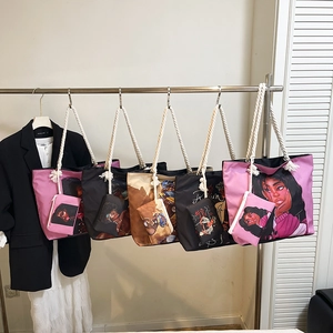 Borse tote alla moda con stampe di donne afro e robusti manici in corda di cotone bianco