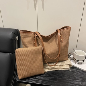 Women's Large Capacity Tote Bag And Small Pouch PU Leather Woven Texture Shoulder Bag Rivet Solid Color Casual Office Handbag