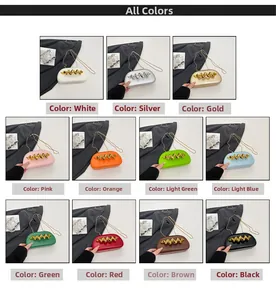 Detailed catalog showing 11 vibrant colors of acrylic chain evening bags with wave handles