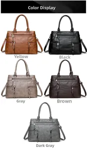 Multiple colors of large capacity faux leather tote bags with zipper details and straps