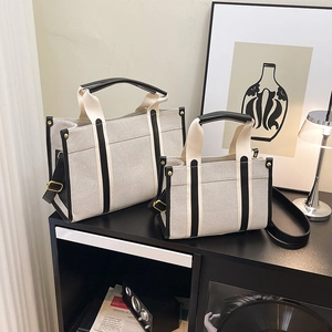 Retro Canvas Tote Handbag With Contrast Leather Trim Large Capacity Shoulder Crossbody Bag For Women Daily Casual