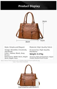 Detailed view of brown leather tote bag with dimensions and phone size comparison