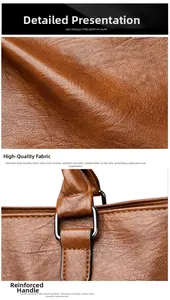 Close-up of caramel leather texture and metal buckle reinforcement on women's tote bag