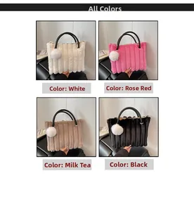Collage of plush tote bags in white, rose red, milk tea, and black with braided handles